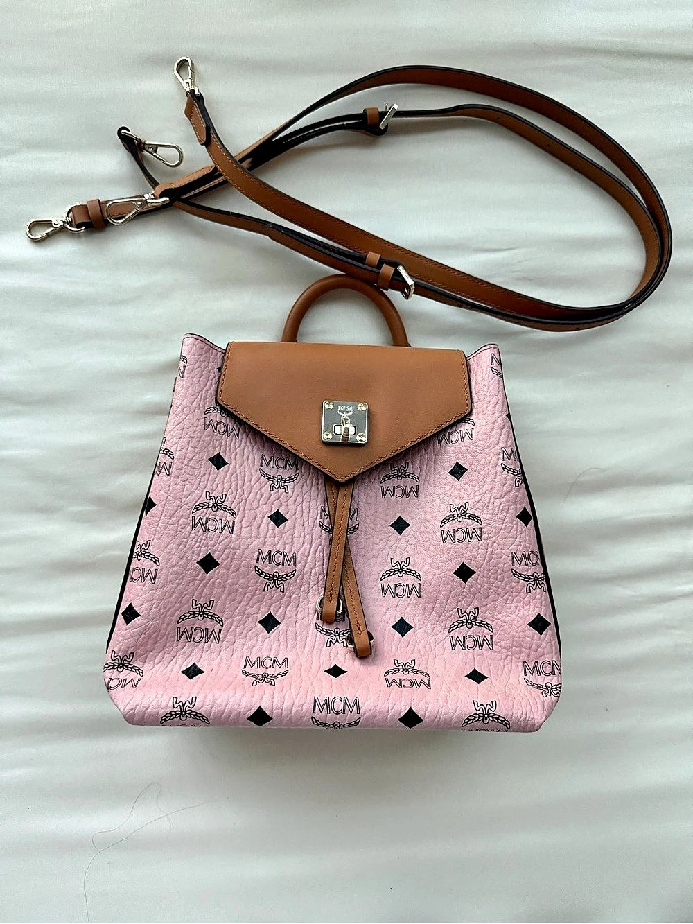 MCM Essential Visetos Original Small Convertible Backpack Pink & Brown